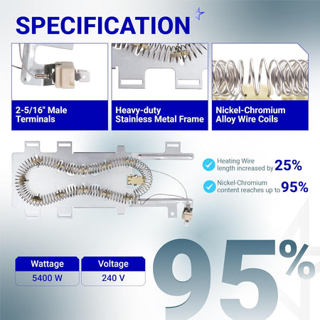 WP8544771 dryer heating element specifications showing terminals, stainless frame, and nickel-chromium alloy wire coils.