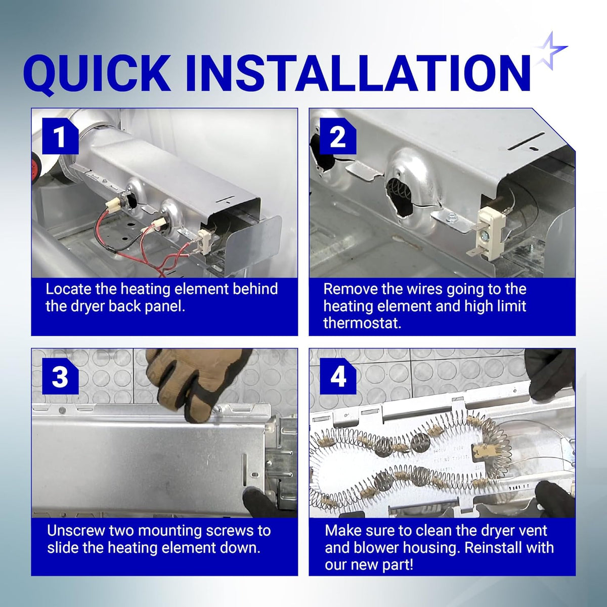 Four-step installation guide for WP8544771 dryer heating element showing removal and replacement process.