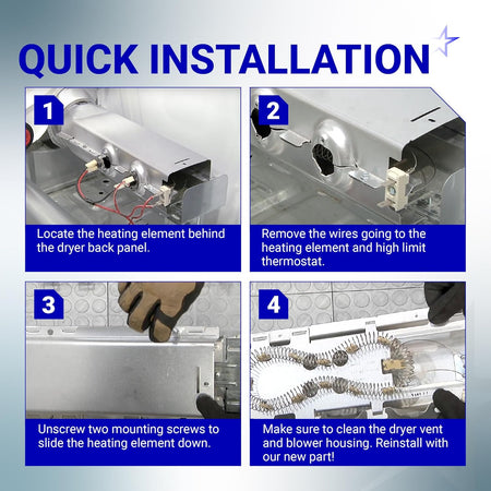 Four-step installation guide for WP8544771 dryer heating element showing removal and replacement process.