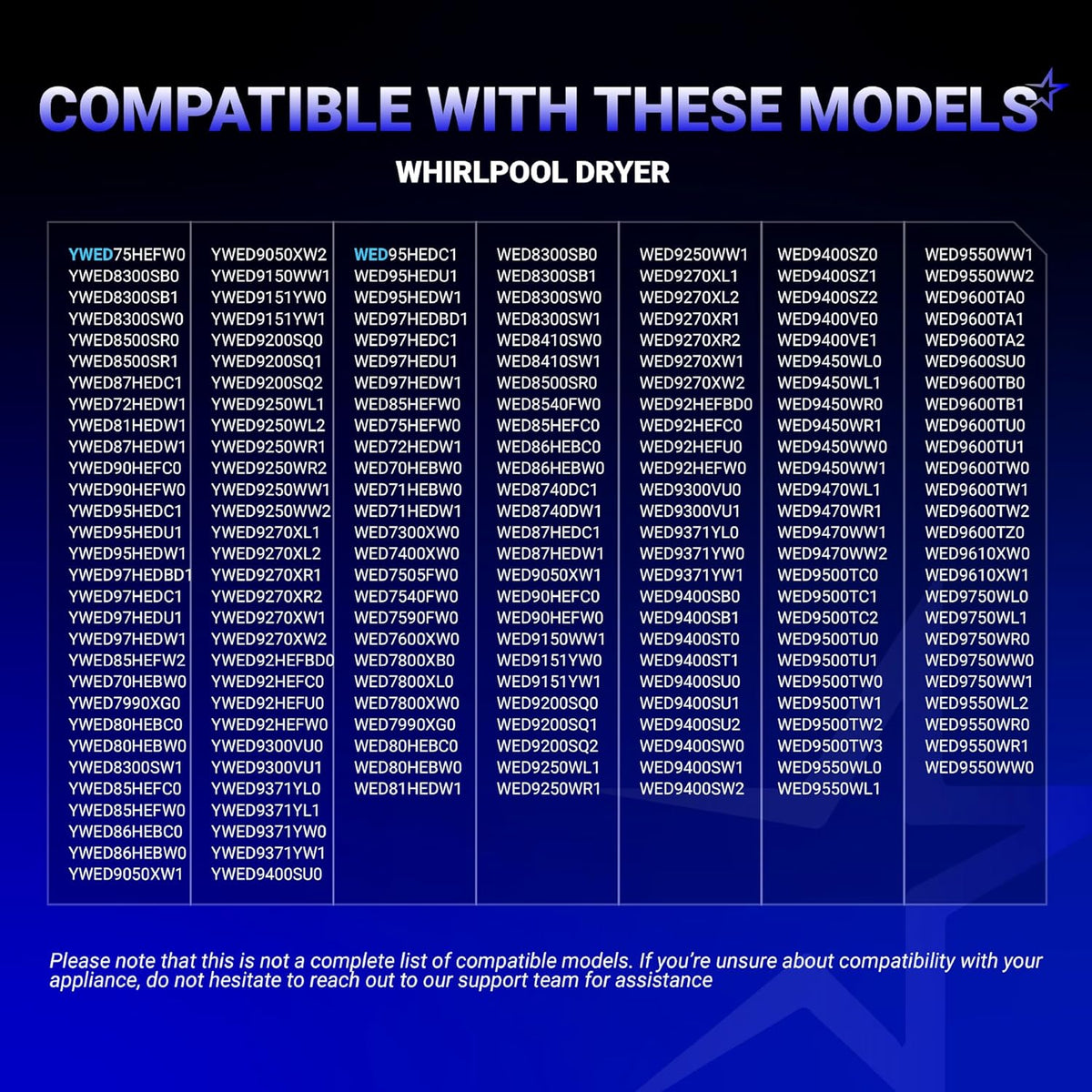 Compatibility chart for WP8544771 dryer heating element kit listing compatible Whirlpool and Kenmore dryer models.
