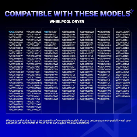Compatibility chart for WP8544771 dryer heating element kit listing compatible Whirlpool and Kenmore dryer models.