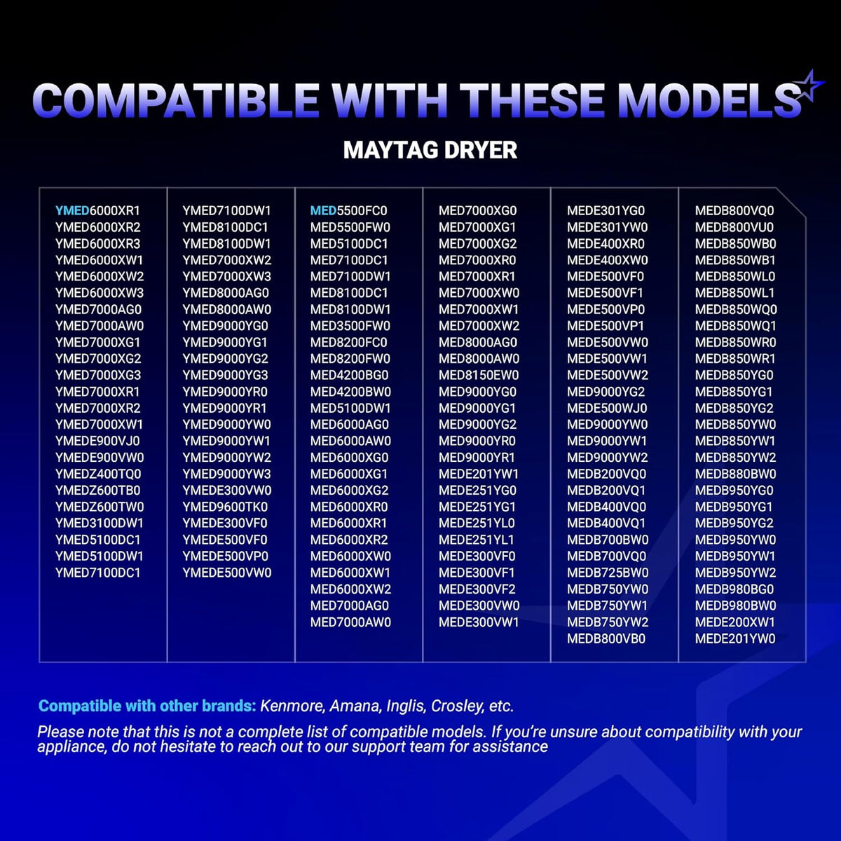 Compatibility chart for WP8544771 dryer heating element kit listing compatible Maytag dryer models.