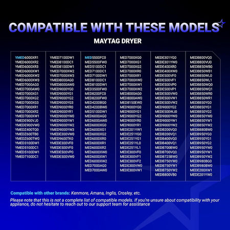Compatibility chart for WP8544771 dryer heating element kit listing compatible Maytag dryer models.