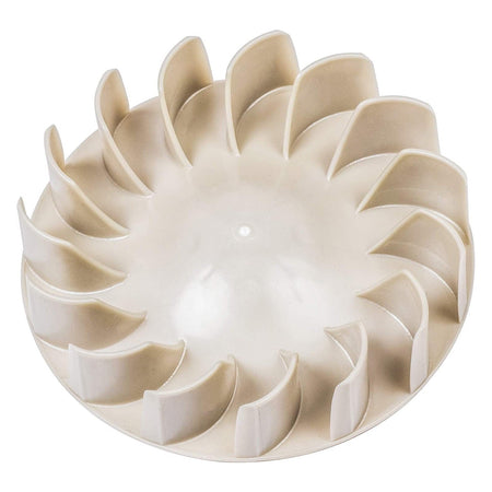 Replacement dryer blower wheel for Kenmore and Whirlpool dryers, beige plastic fan blade assembly.