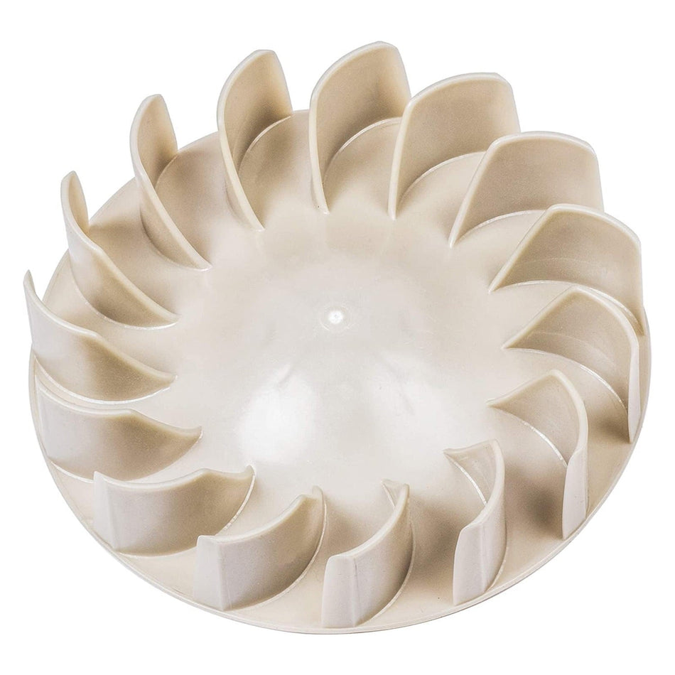 Replacement dryer blower wheel for Kenmore and Whirlpool dryers, beige plastic fan blade assembly.