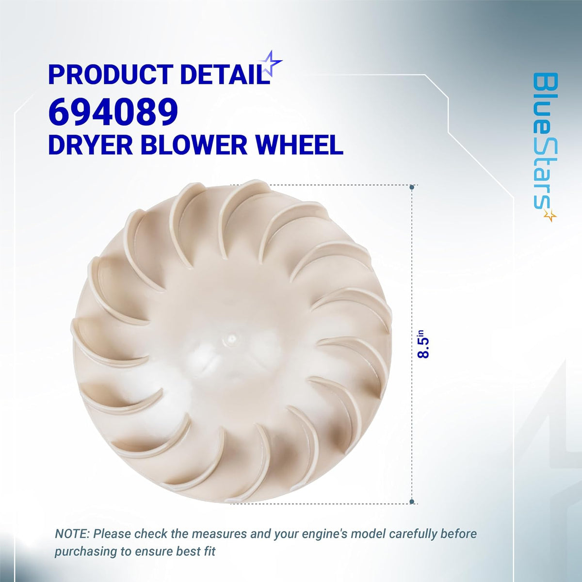 694089 Dryer Blower Wheel, top view with product detail graphic and 8.5-inch dimension