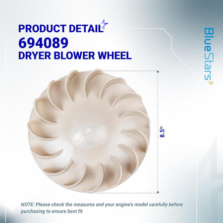 694089 Dryer Blower Wheel, top view with product detail graphic and 8.5-inch dimension
