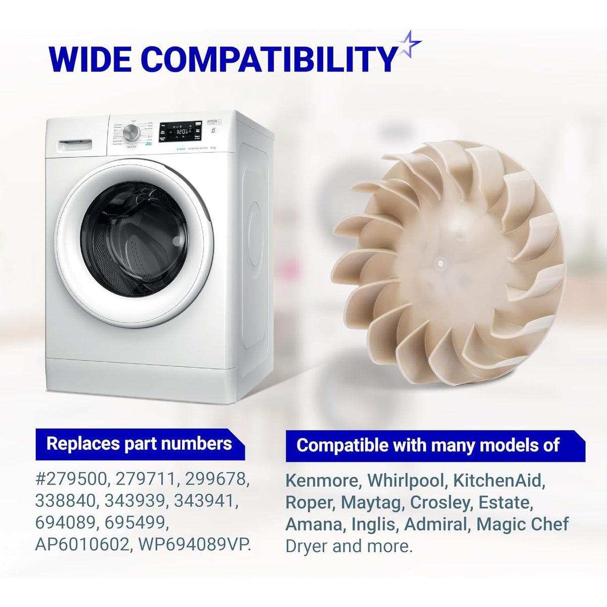 694089 Dryer Blower Wheel compatibility graphic showing a dryer, blower wheel, replacement part numbers, and brands