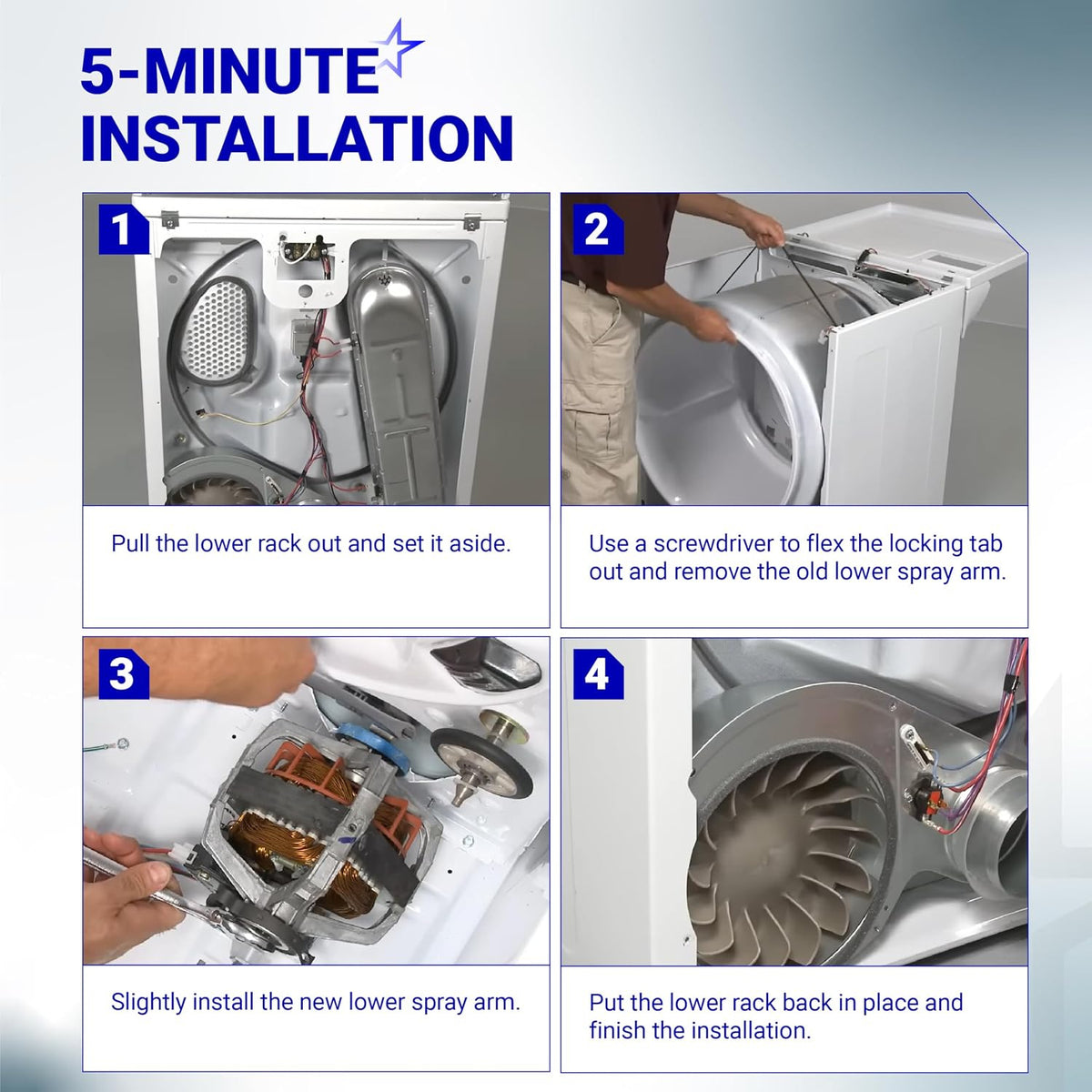 694089 Dryer Blower Wheel installation guide showing four steps for removing and replacing a lower spray arm