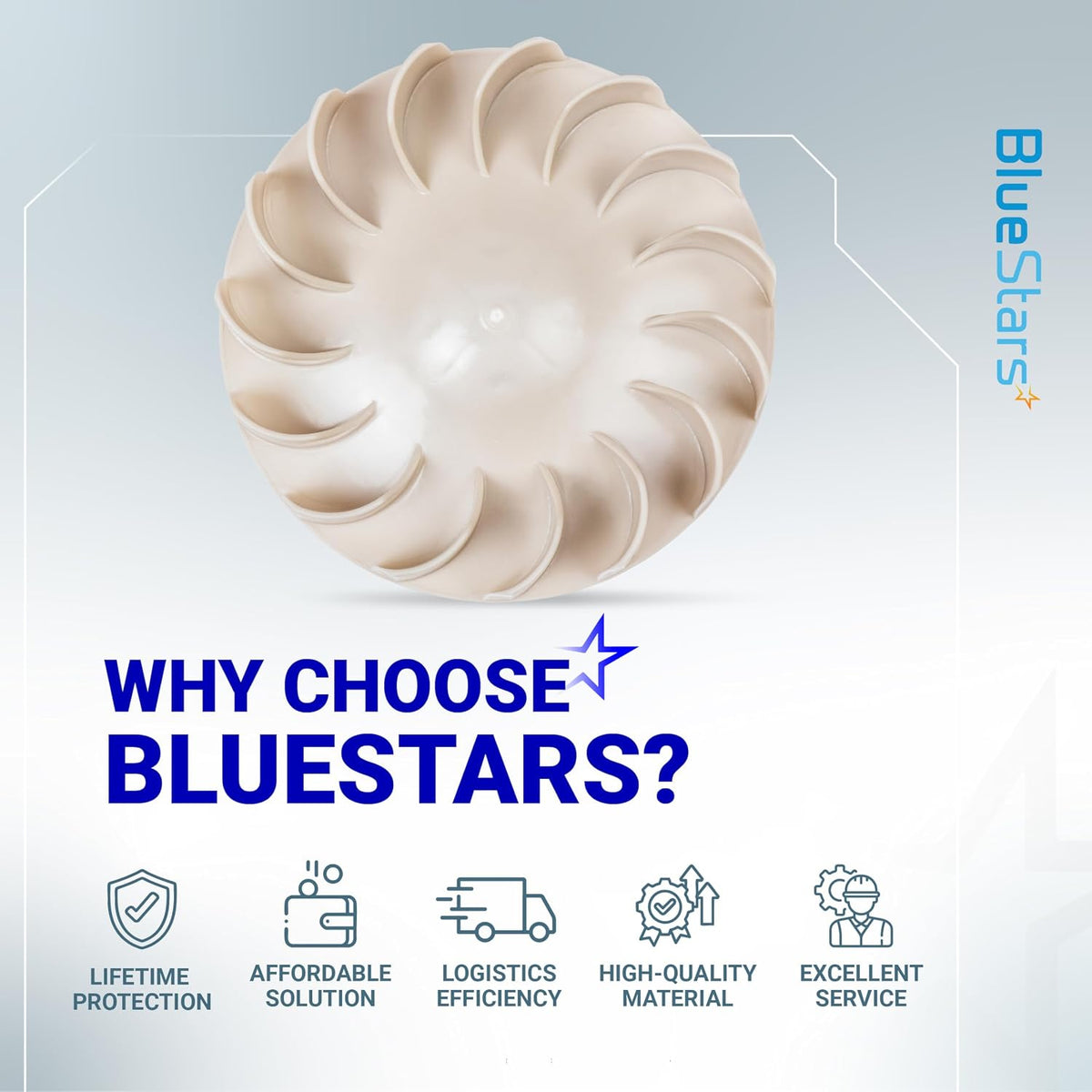 694089 Dryer Blower Wheel, front view with BlueStars branding and product benefit icons