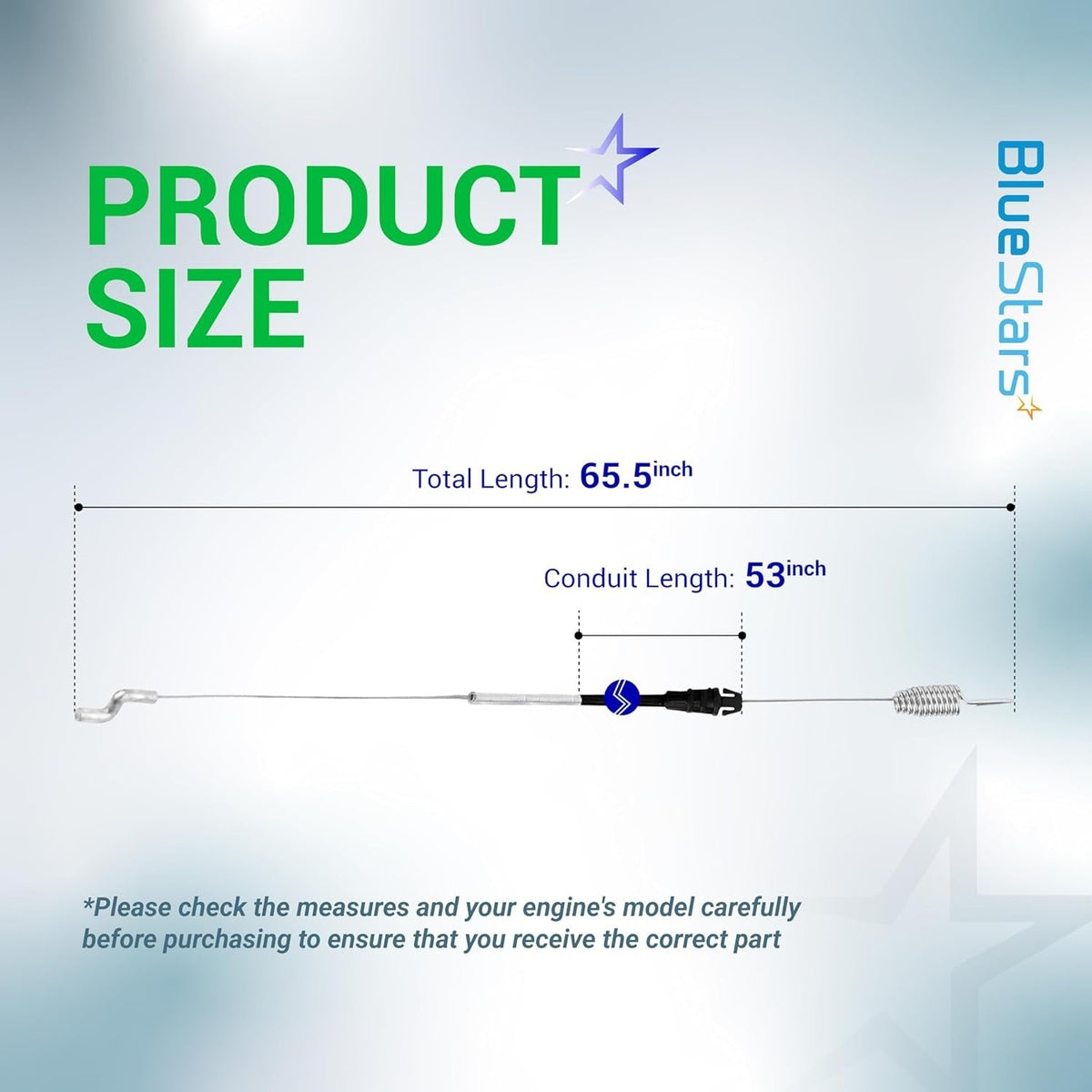 Dimension diagram showing 65.5-inch total length and 53-inch conduit length for Toro traction control cable 119-2379.