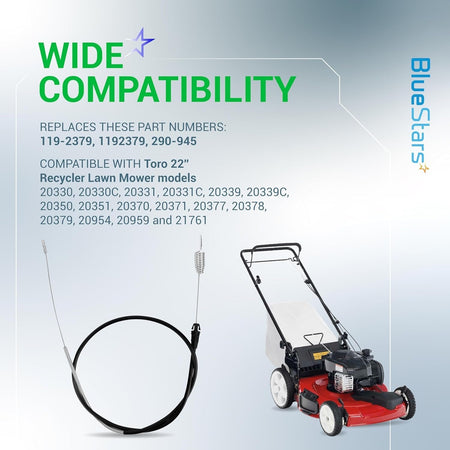 Traction control cable for Toro 22" Recycler lawn mowers with compatibility chart and mower illustration.