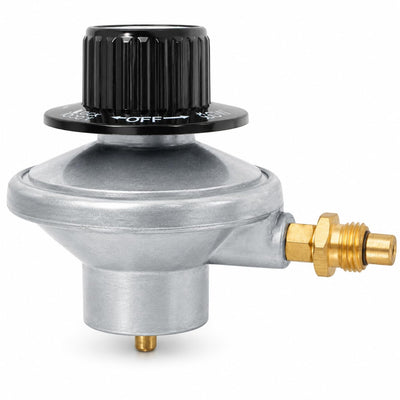 Propane gas grill regulator with black control knob and brass M12x1.5 outlet nozzle.