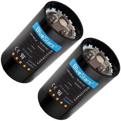 Two round 460-552 uF 110-125 VAC start capacitors for air conditioners and electric motors.