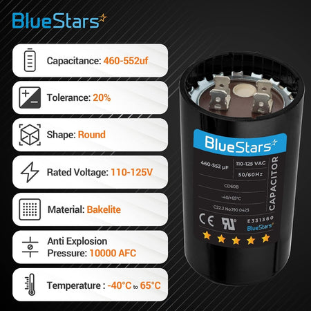 BlueStars 460-552 uF round start capacitor with technical specification infographic showing voltage and temperature ratings.