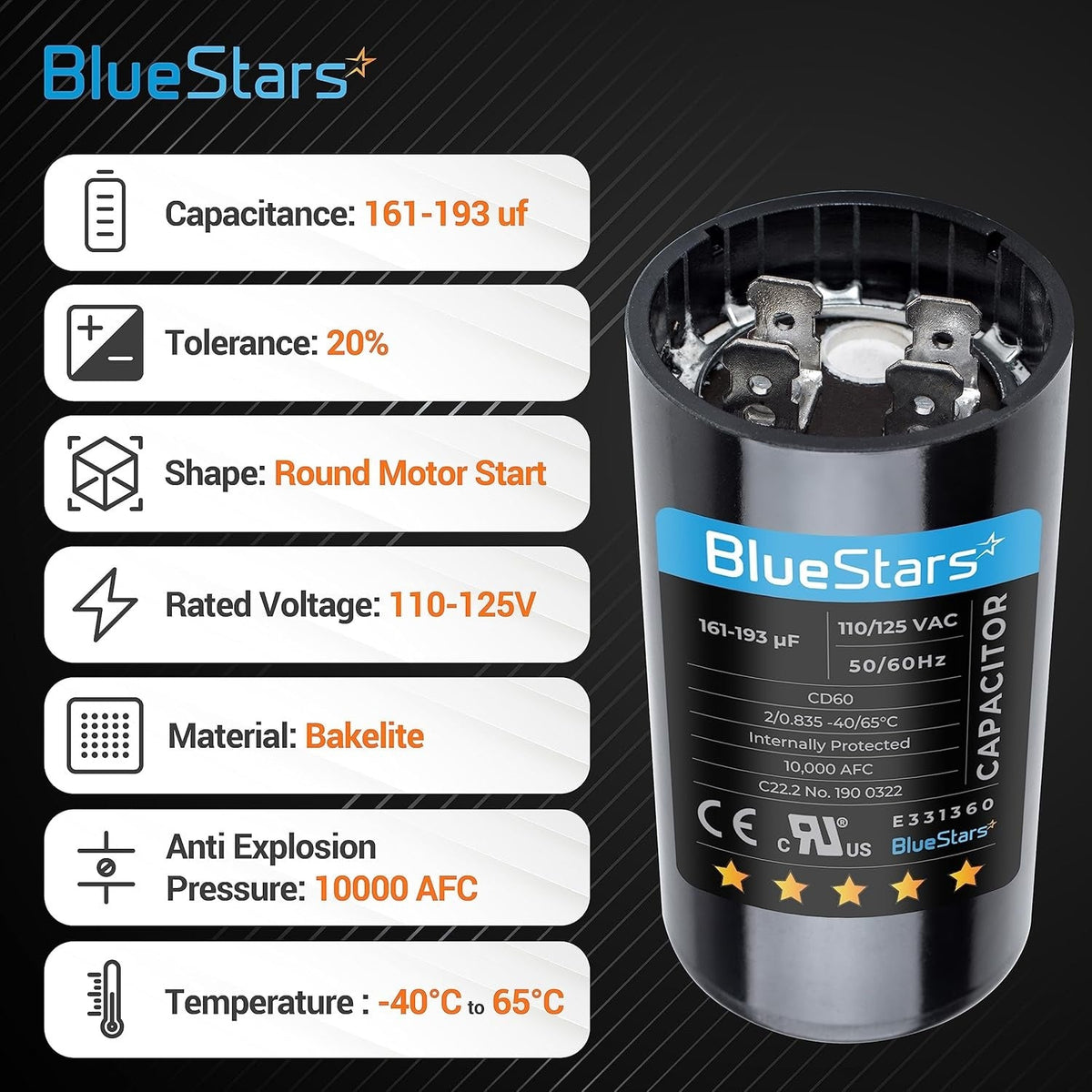 Infographic showing specifications for a 161-193 uF 125 VAC CD60 round motor start capacitor.