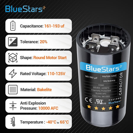 Infographic showing specifications for a 161-193 uF 125 VAC CD60 round motor start capacitor.