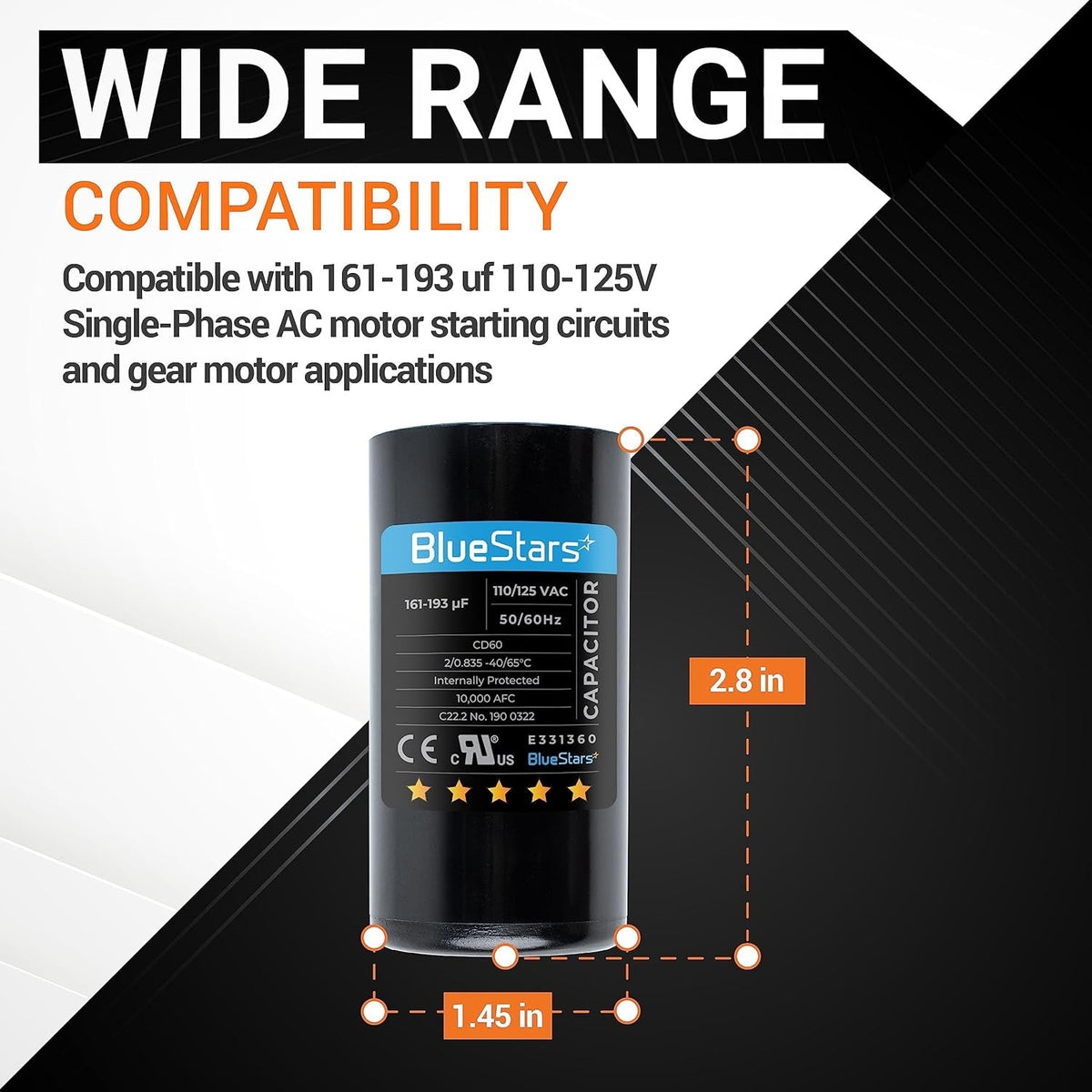 Infographic showing 161-193 uF CD60 round motor start capacitor dimensions of 2.8 inches height and 1.45 inches width.