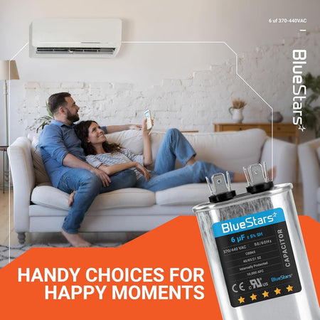 6 uF 370/440 VAC oval run start capacitor for AC motors and heat pumps shown in a lifestyle advertisement.