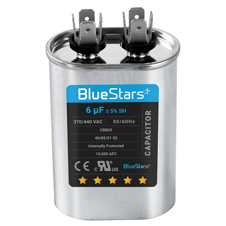 6 uF 370/440 VAC oval run start capacitor for AC motors and heat pumps.