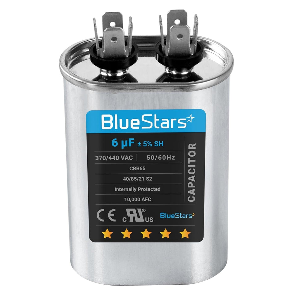 6 uF 370/440 VAC oval run start capacitor for AC motors and heat pumps.
