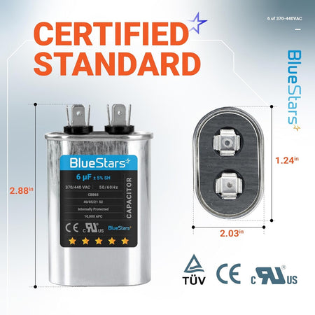 BlueStars 6 uF 370/440 VAC oval run capacitor with dimensions and top view showing terminal layout.
