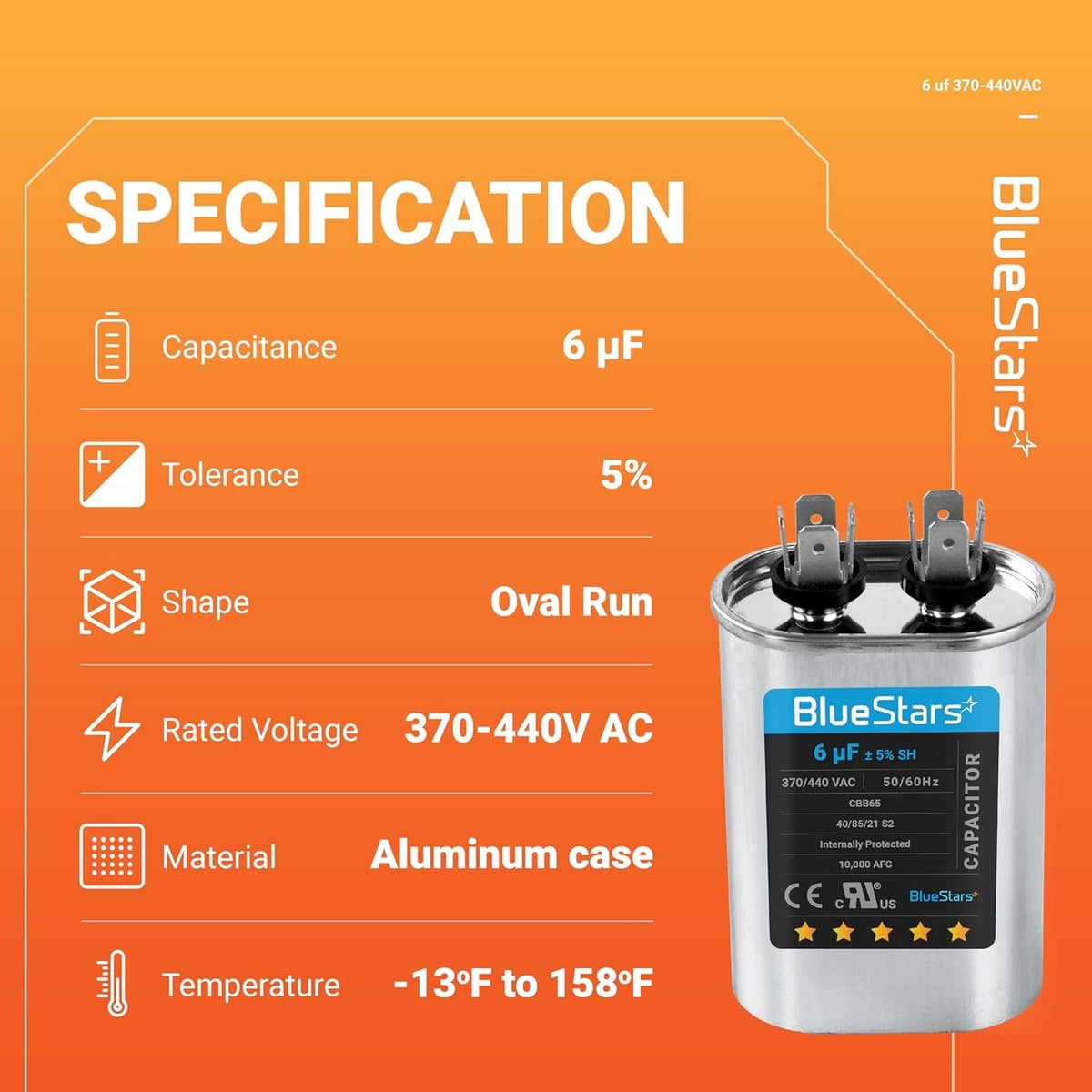 Specification chart for 6 uF 370/440 VAC oval run capacitor with technical details and product image.