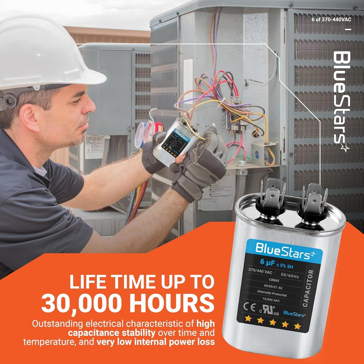 Technician installing a 6 uF 370/440 VAC oval run start capacitor in an AC unit.