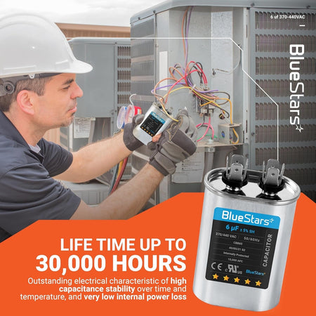 Technician installing a 6 uF 370/440 VAC oval run start capacitor in an AC unit.