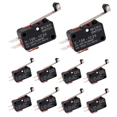 Pack of 10 V-156-1C25 momentary micro limit switches with roller lever arms for Arduino projects.