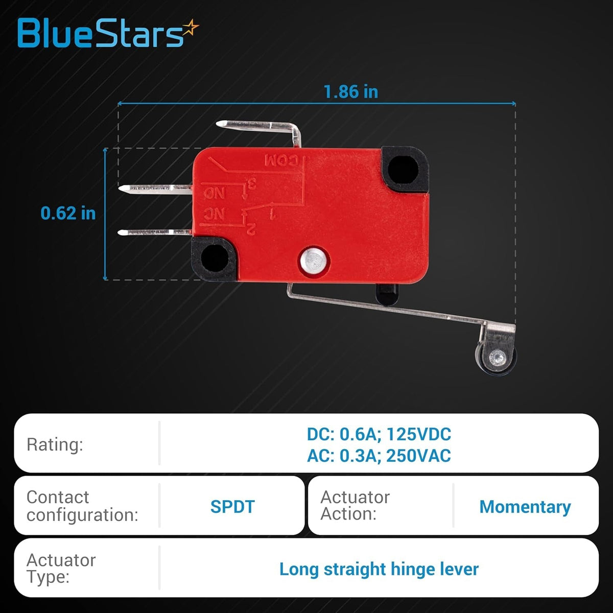 V-156-1C25 micro limit switch with long straight hinge lever and dimensions diagram.