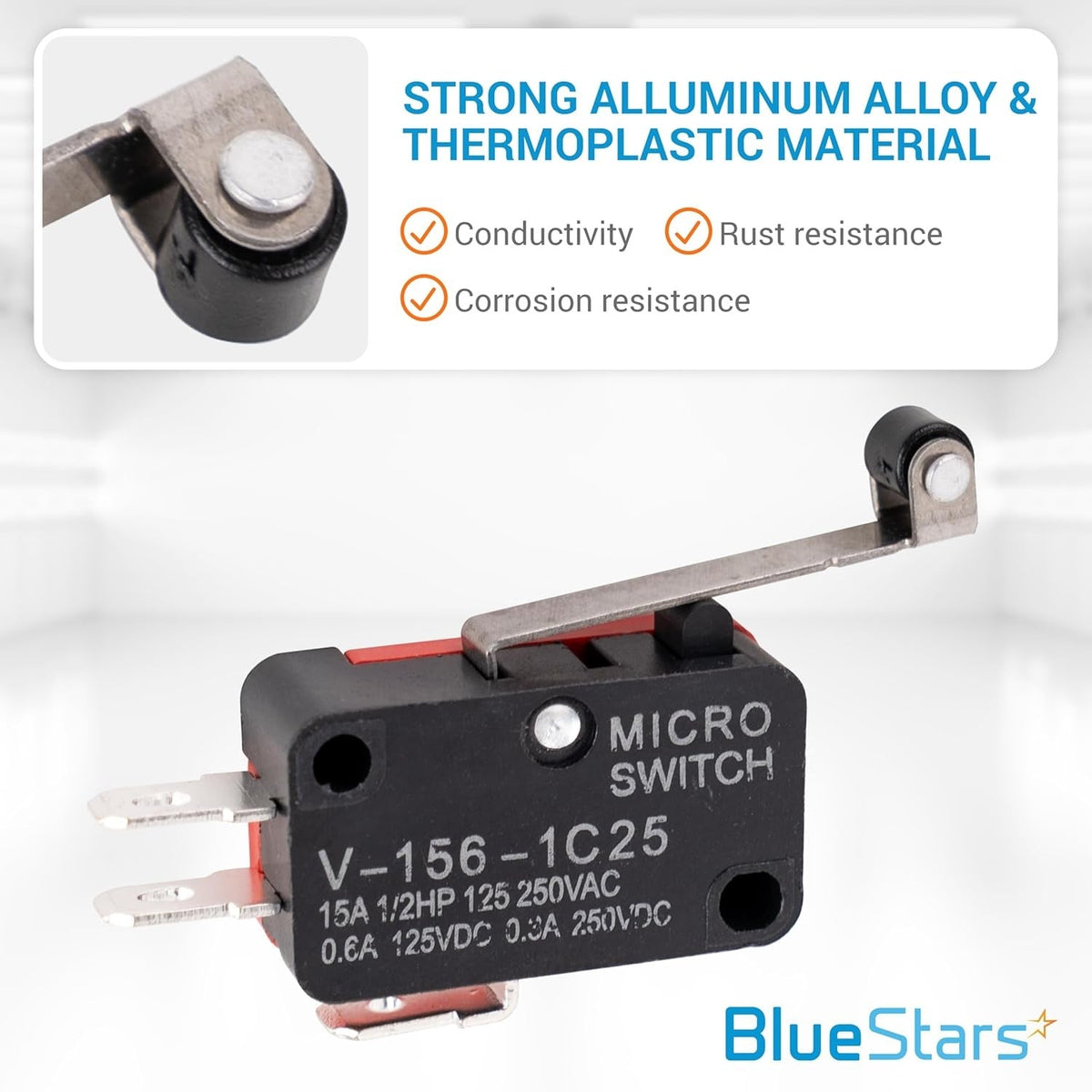 Single V-156-1C25 micro limit switch with roller lever arm and terminal pins.