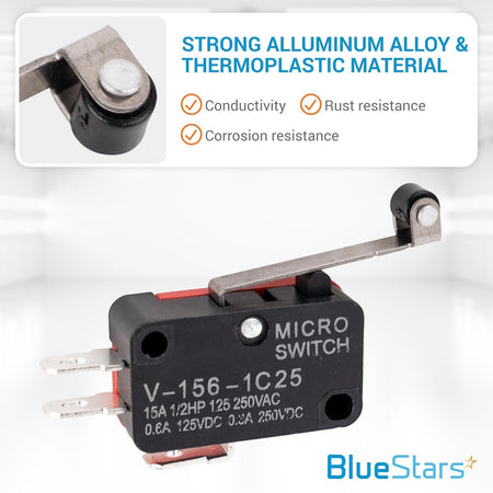 Single V-156-1C25 micro limit switch with roller lever arm and terminal pins.