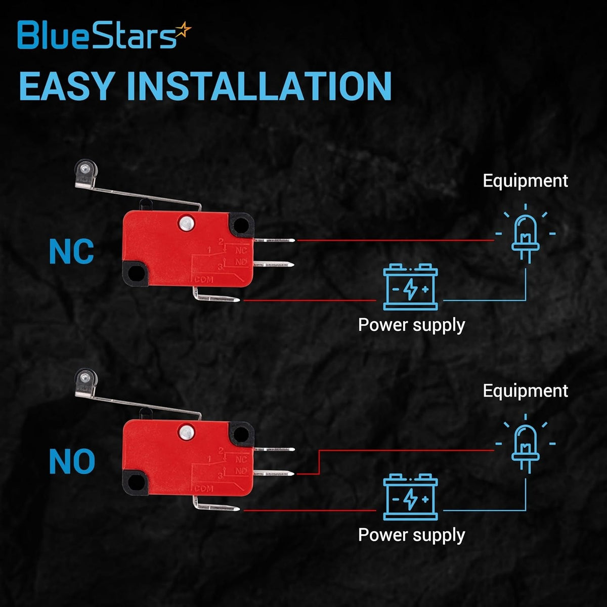 V-156-1C25 micro limit switch wiring diagram showing NC and NO installation for power supply and equipment.