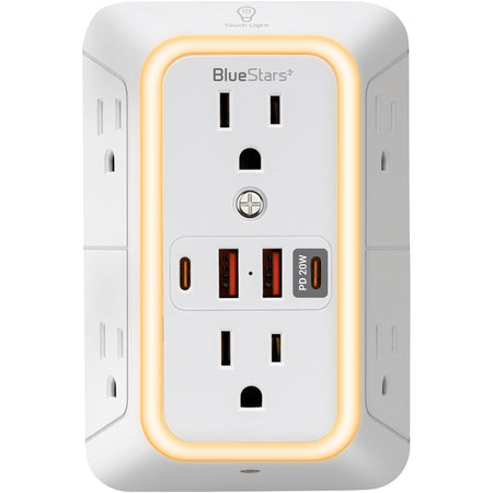 Front view of 3-sided surge protector outlet extender with USB ports and integrated LED night light.