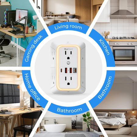 Surge protector outlet extender with night light shown in a collage of home and office room settings.