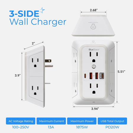Dimensional diagram of 3-sided surge protector outlet extender with USB ports and night light specifications.