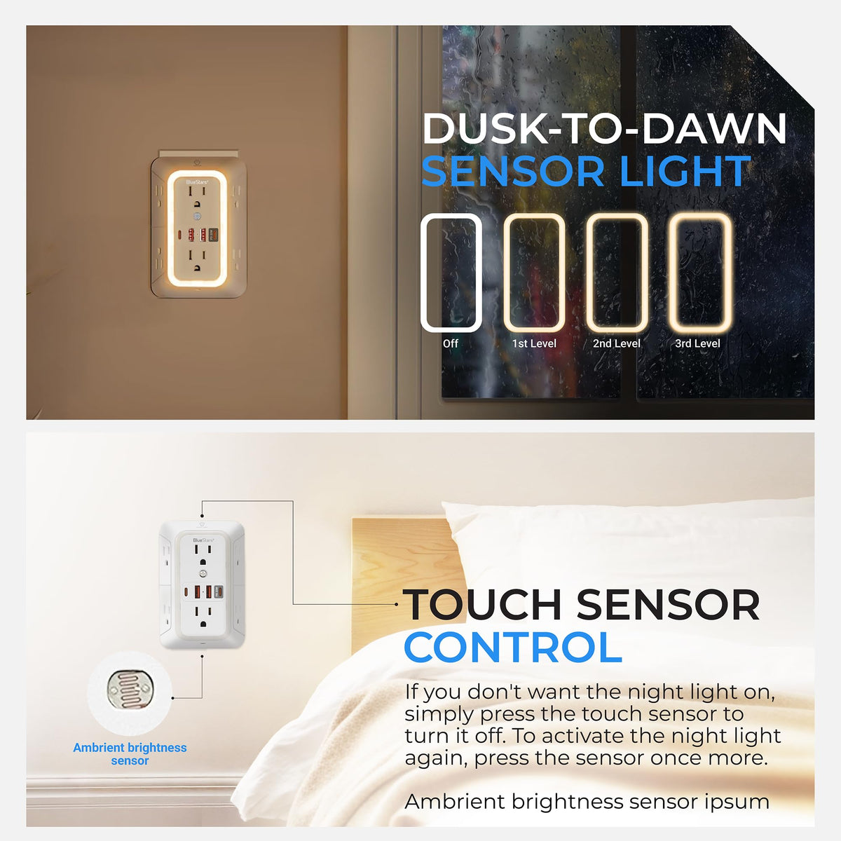 Surge protector outlet extender showing adjustable night light brightness levels and touch sensor control features.