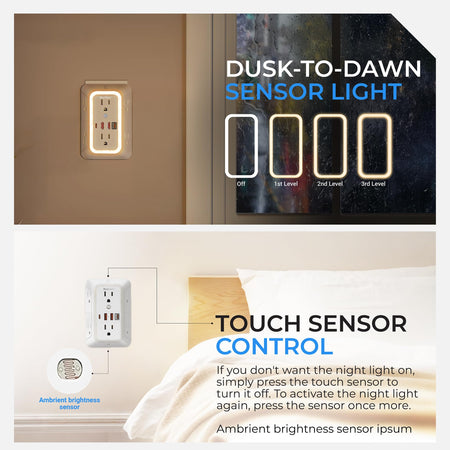 Surge protector outlet extender showing adjustable night light brightness levels and touch sensor control features.
