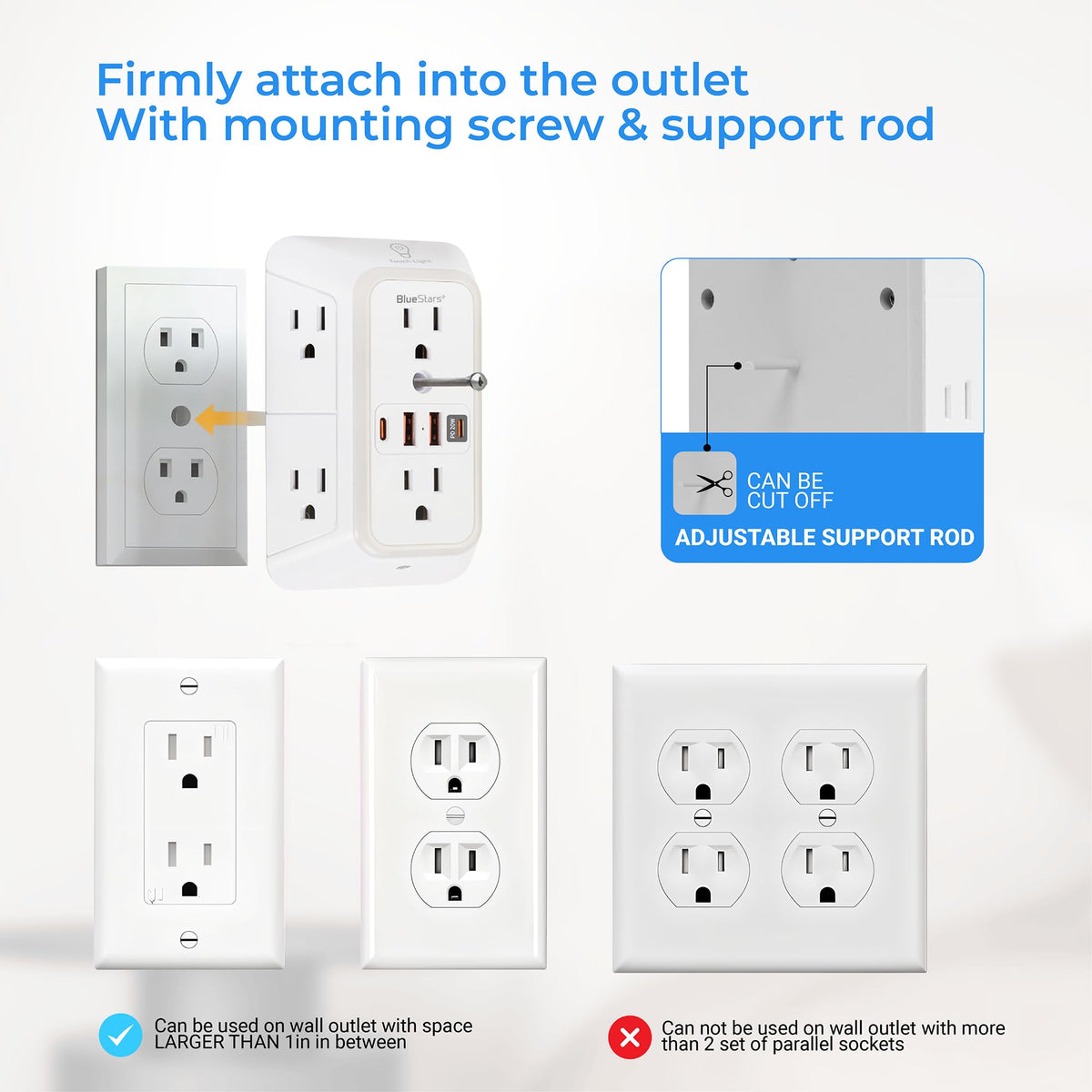Surge protector outlet extender installation guide showing mounting screw and adjustable support rod compatibility.