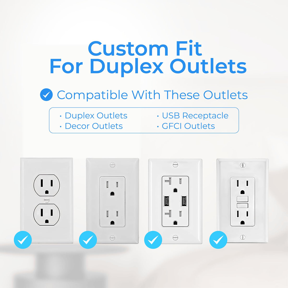 Infographic showing surge protector outlet extender compatibility with duplex, decor, USB, and GFCI wall outlets.