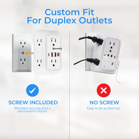 Surge protector outlet extender showing secure screw installation versus standard plug-in mounting for duplex outlets.