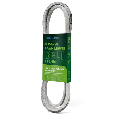 M154958 mower deck belt in BlueStars branded packaging for 48-inch John Deere mower decks.