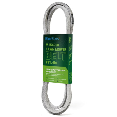 M154958 mower deck belt in BlueStars branded packaging for 48-inch John Deere mower decks.