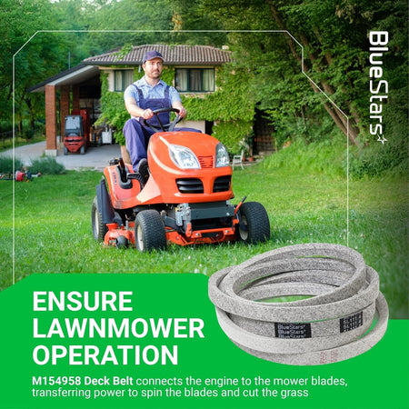 M154958 mower deck belt for John Deere 48-inch decks shown in a lifestyle graphic with a riding lawn mower.