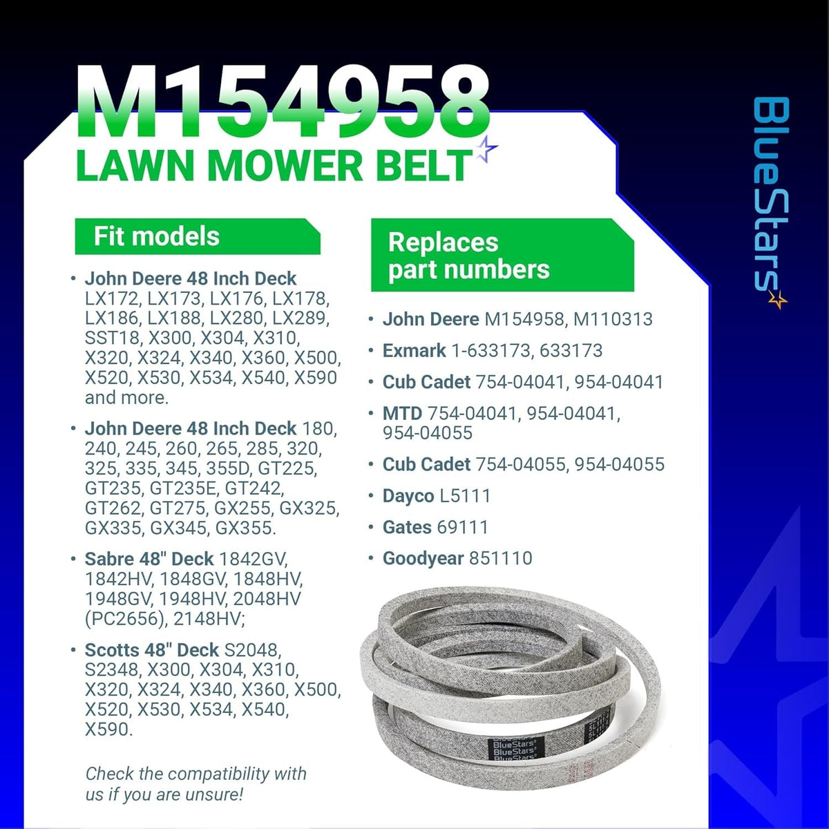 M154958 mower deck belt compatibility chart and product image for John Deere 48-inch mower decks.