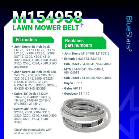 M154958 mower deck belt compatibility chart and product image for John Deere 48-inch mower decks.