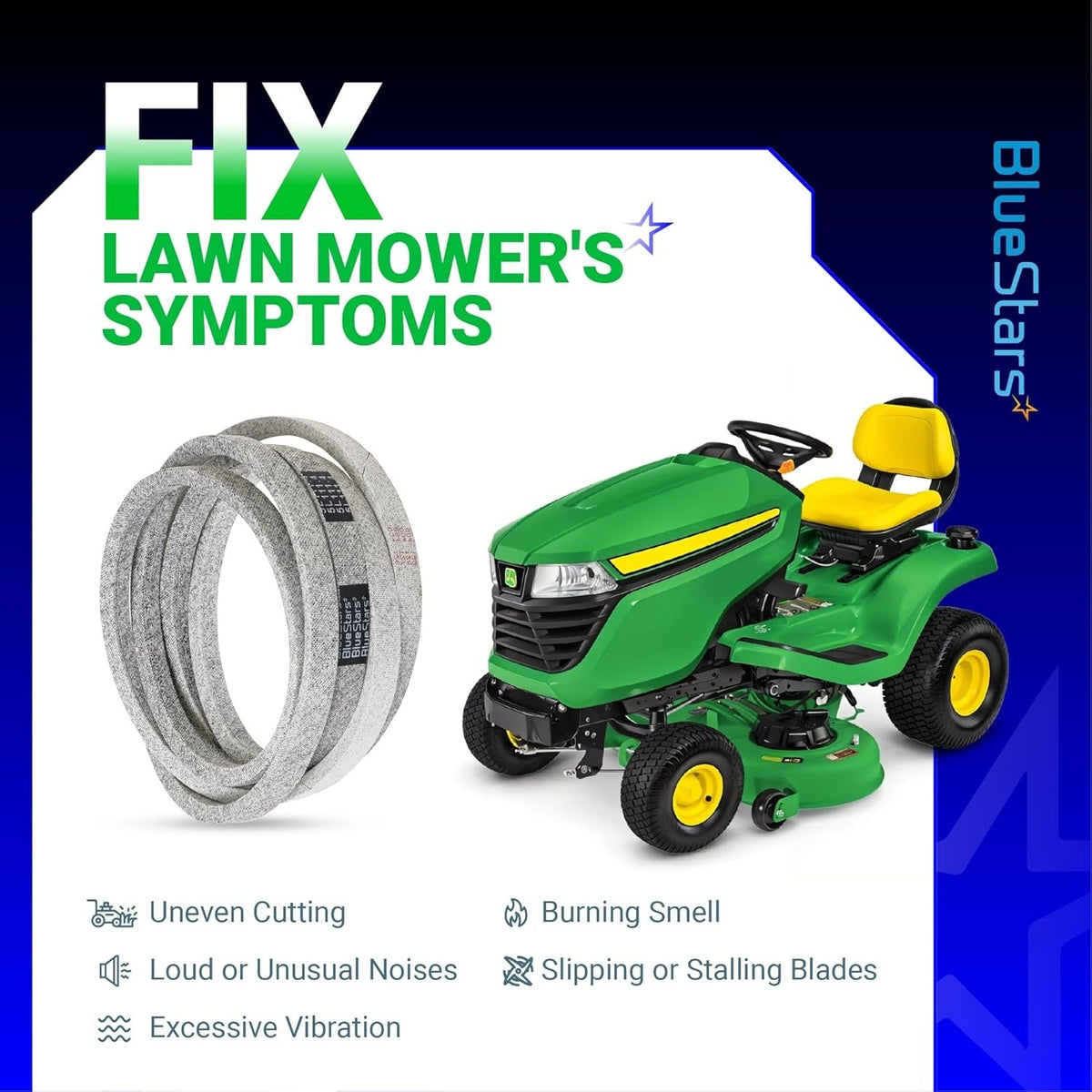 M154958 mower deck belt for John Deere 48-inch decks with troubleshooting symptoms graphic.