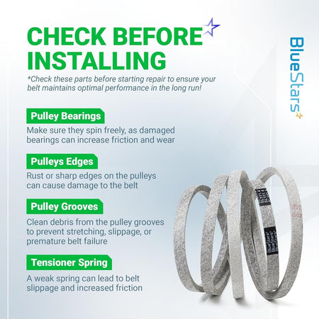 Instructional graphic for M154958 mower deck belt installation tips and maintenance checks.