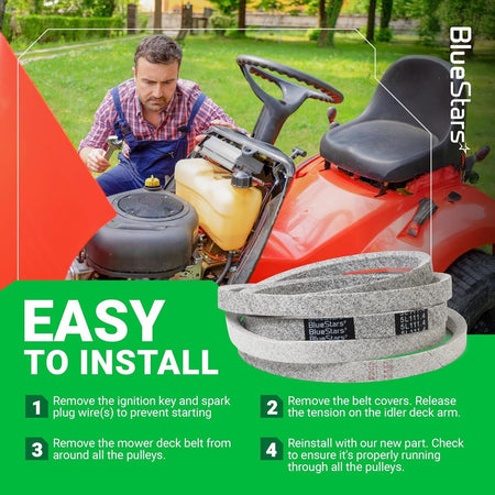 M154958 mower deck belt installation guide with step-by-step instructions for John Deere lawn mowers.